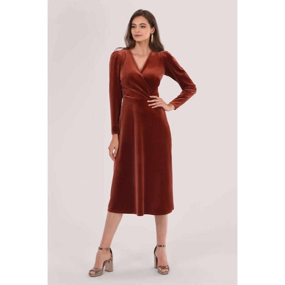 Closet London Rust Velvet Midi Dress‎ Long Sleeve Faux Wrap Size 8